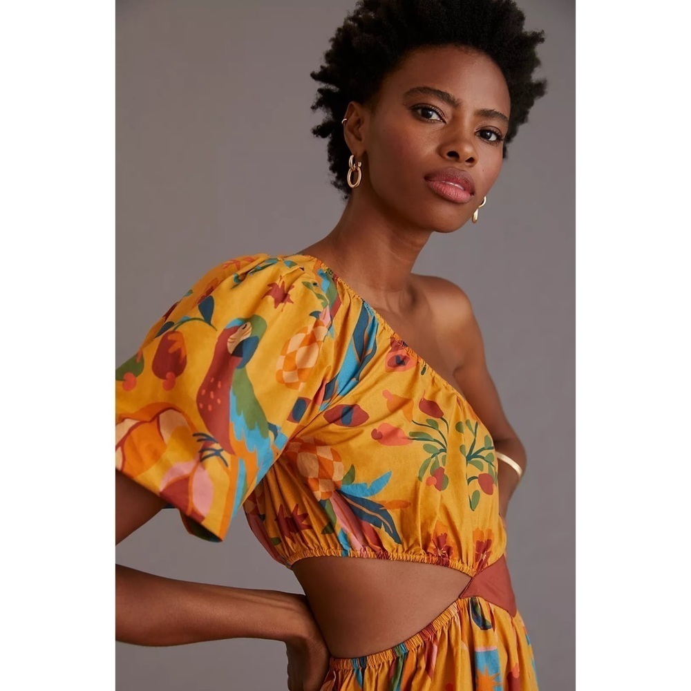 NWT Anthropologie Farm Rio Birds Leopard Floral One-Shoulder Maxi Cut Our Dress  - Picture 9 of 11